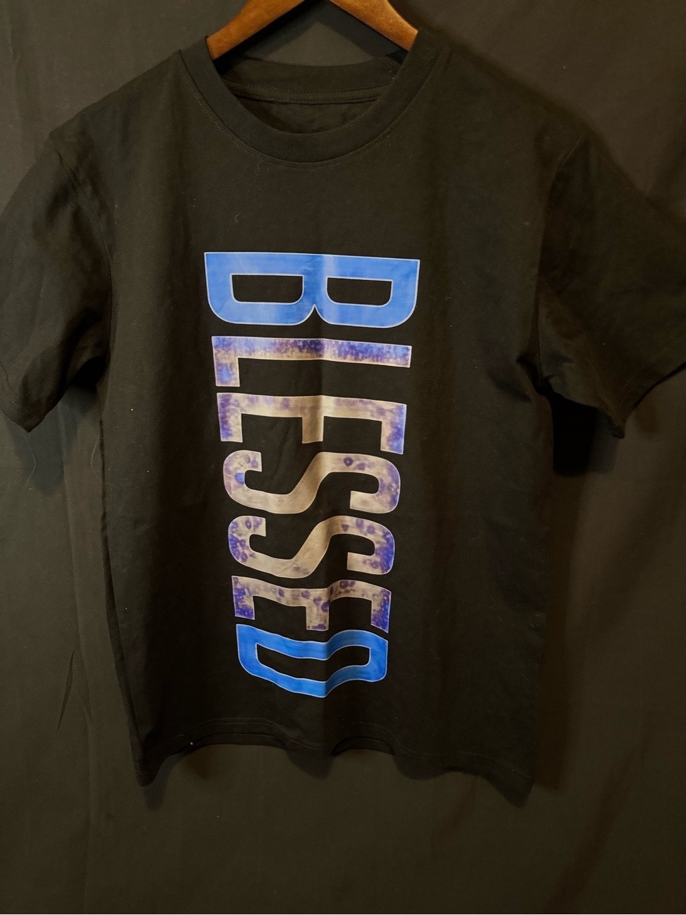 Black Tee with Blessed Down Front Size Small